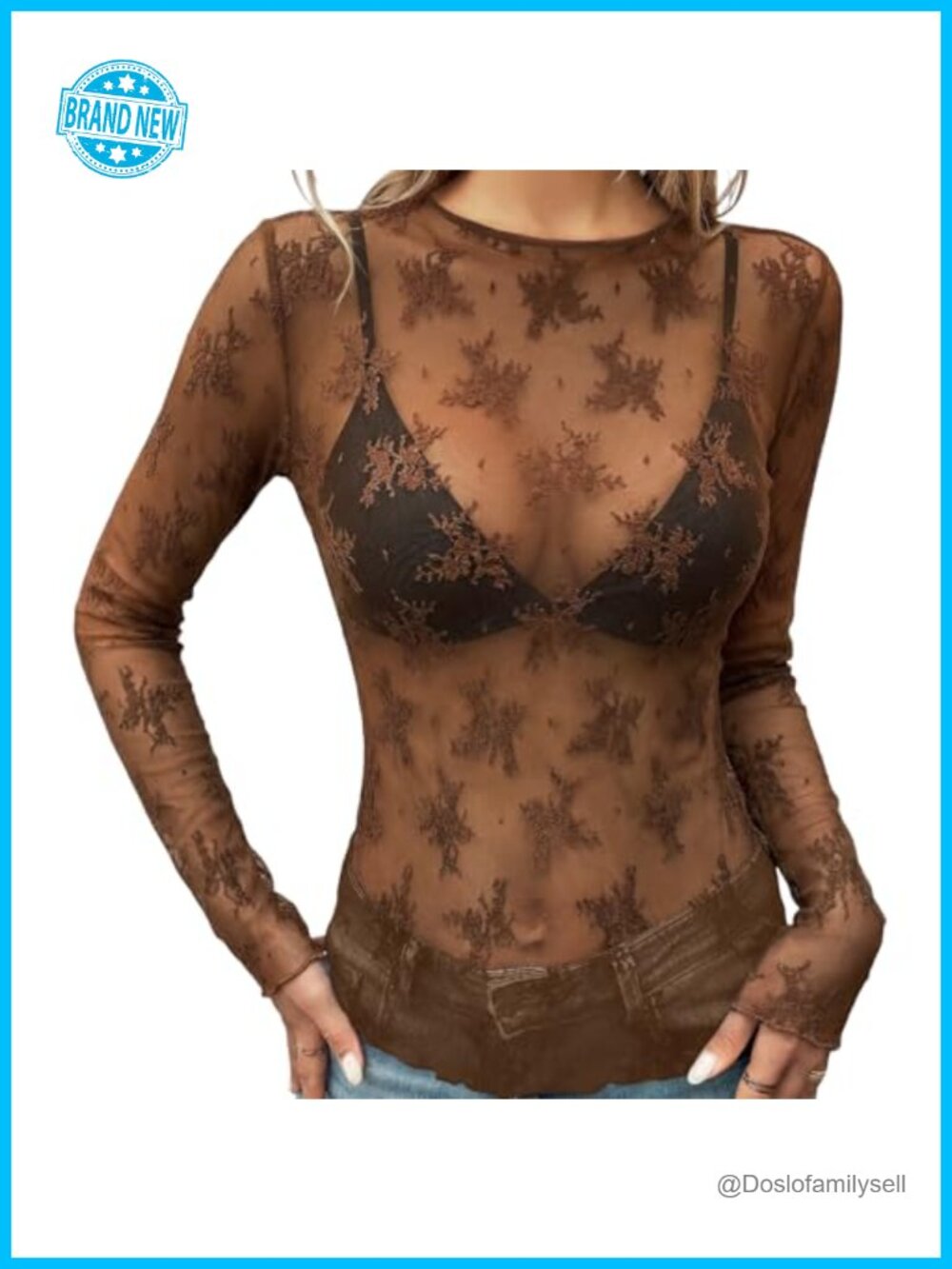 Womens Mesh Sheer Lace Long Sleeve Top See Through Blouse